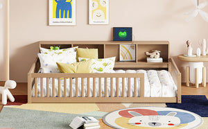 English Elm Wood Twin XL Floor Bed with Built-In Storage Cabinets, USB Charging Ports, Space-Saving Design Brown N709P205811D