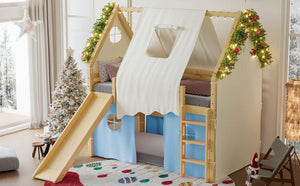 English Elm Full Size Pine Loft Bed with Slide Tent Panels Led Lights and Play Space Below W1580S00292