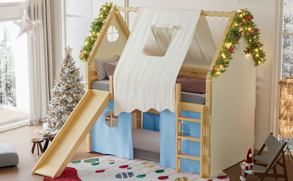 English Elm Full Size Pine Loft Bed with Slide Tent Panels Led Lights and Play Space Below W1580S00292