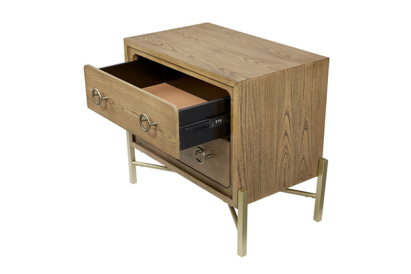English Elm 2 Drawer Nightstand with USB Ports, Latte Elm Veneer, Solid Wood+MDF, Felt & Cedar Lined Drawers, Metal Base B2699P226102