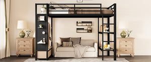 English Elm Full Size Loft Bed Frame With Integrated Wardrobe, Storage Shelves, And Pegboard For Smart Living W1580S00232