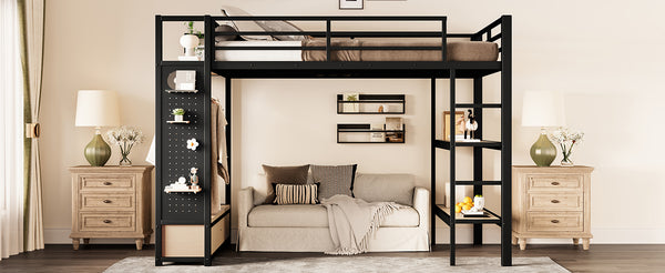 English Elm Full Size Loft Bed Frame With Integrated Wardrobe, Storage Shelves, And Pegboard For Smart Living W1580S00232