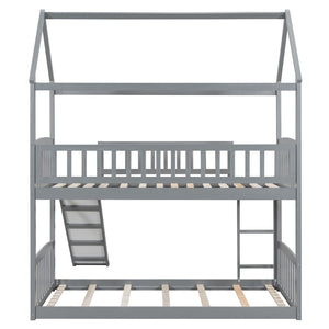 English Elm Twin Over Solid Wood House Bunk Bed with Built-in Slide and Gray Finish LT100213AAE-1