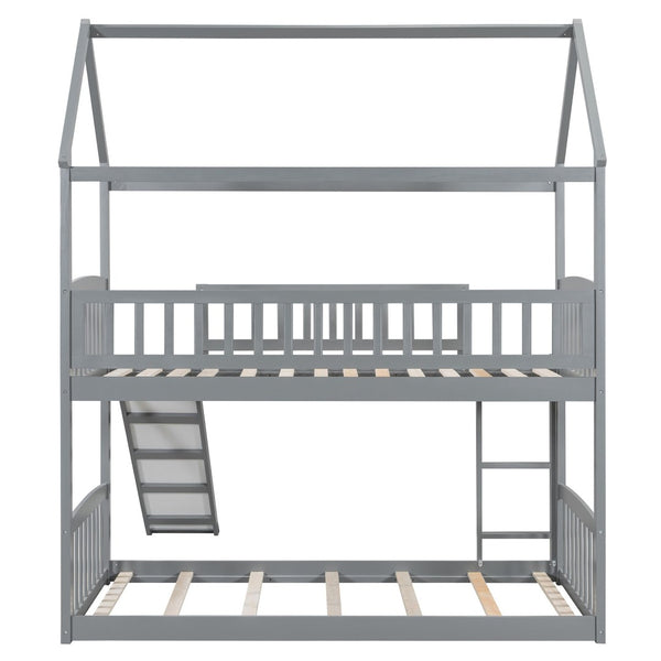 English Elm Twin Over Solid Wood House Bunk Bed with Built-in Slide and Gray Finish LT100213AAE-1