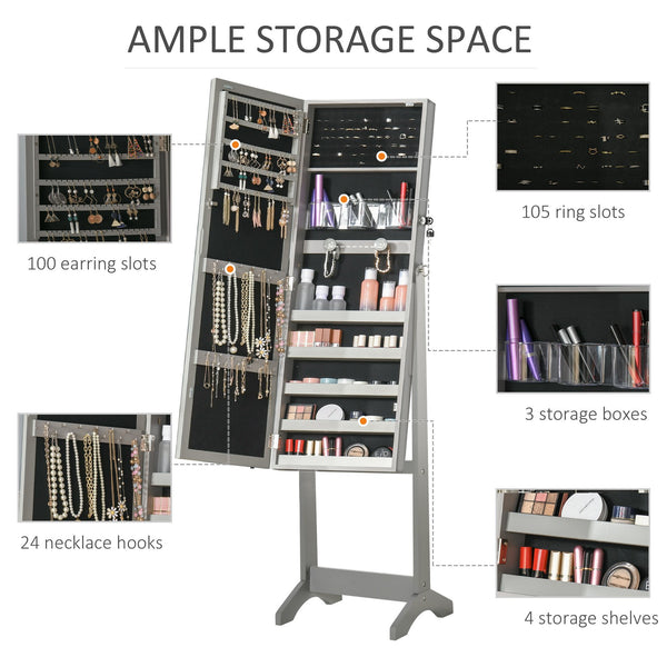 English Elm HOMCOM Lockable Floor Jewelry Armoire with LED Lights, Full-Length Mirror, 100+ Slots & Shelves Grey W2225P217022