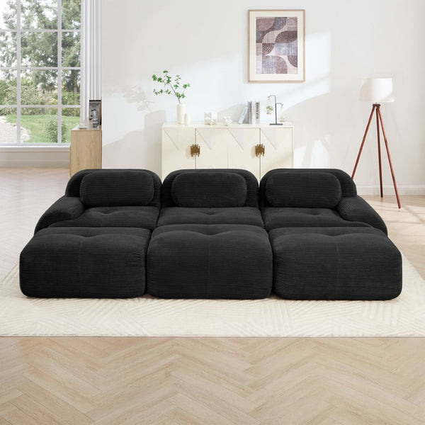 English Elm Three-seat Modular Corduroy Sectional Sofa with Ottomans for Living and Media Rooms Black W714S01278