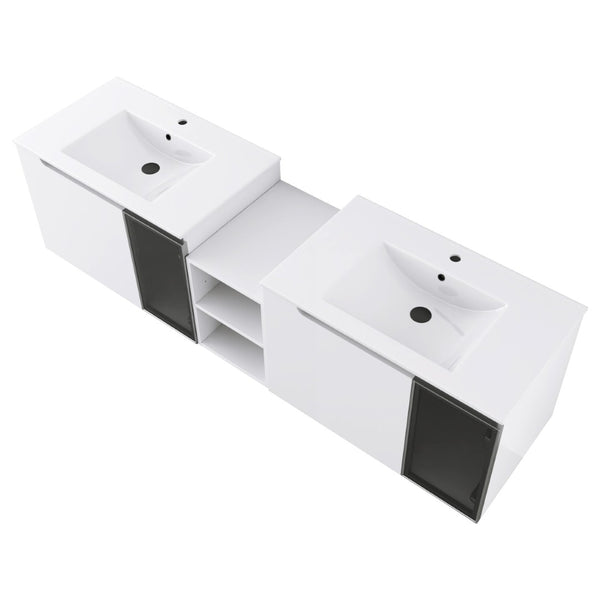 English Elm 72" Floating Double Bathroom Vanity Plywood Cabinet Ceramic Sinks Soft Close Doors W999S00533
