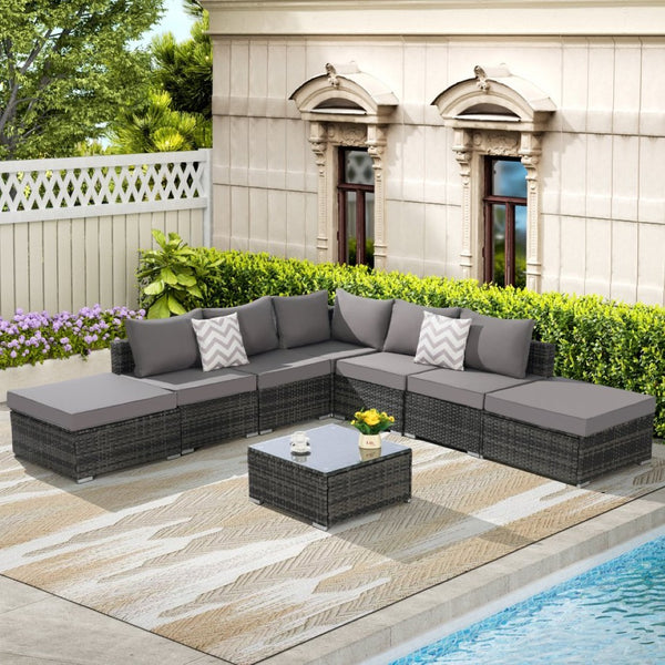 English Elm 8 Piece Modular Wicker Sectional Set with Tempered Glass Table for Patio Resort Style Dark Gray W874S00059