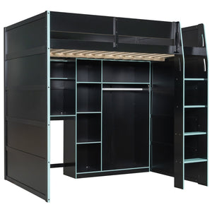English Elm Full Size Loft Bed with Rgb Lighting Desk Open Wardrobe and Storage for Gaming Rooms Blue LT000277AAC
