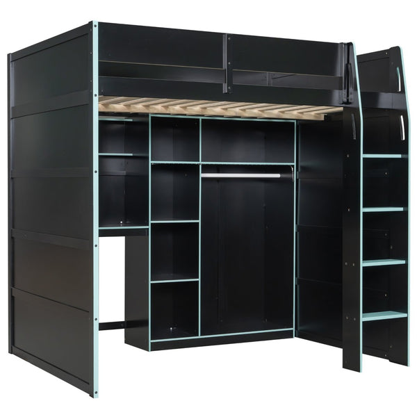 English Elm Full Size Loft Bed with Rgb Lighting Desk Open Wardrobe and Storage for Gaming Rooms Blue LT000277AAC