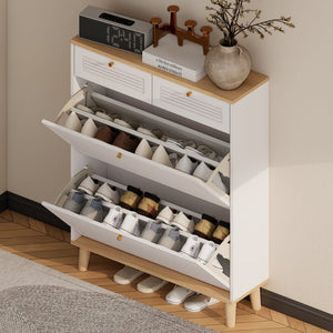 English Elm Shoes Storage Cabinet Slim Flip Door Entryway Organizer with Natural Wood Legs 16 Pairs W3166P266365