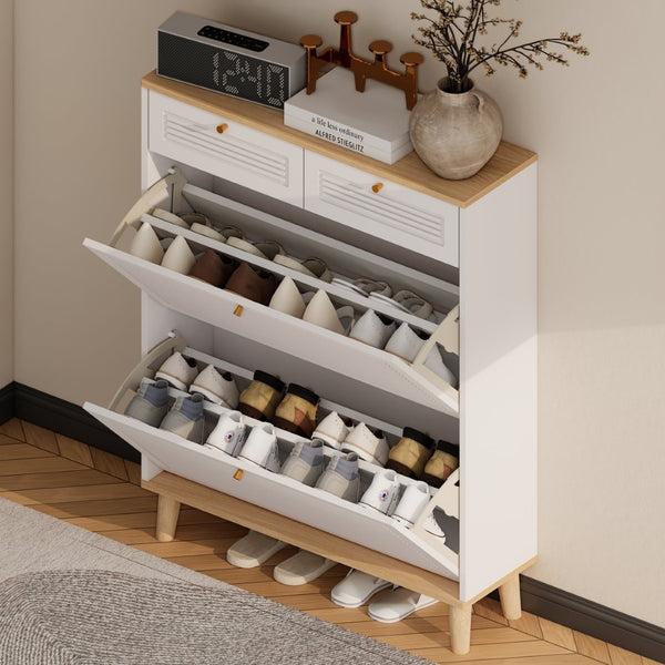English Elm Shoes Storage Cabinet Slim Flip Door Entryway Organizer with Natural Wood Legs 16 Pairs W3166P266365