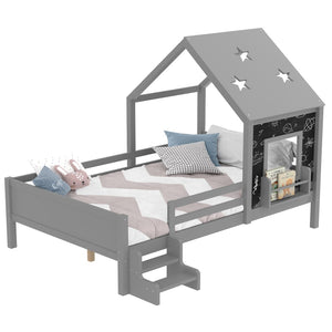 English Elm Full Bunk Bed with Trundle Bookshelf Storage Pine Frame Car Design for Kids Gray W1580S00296
