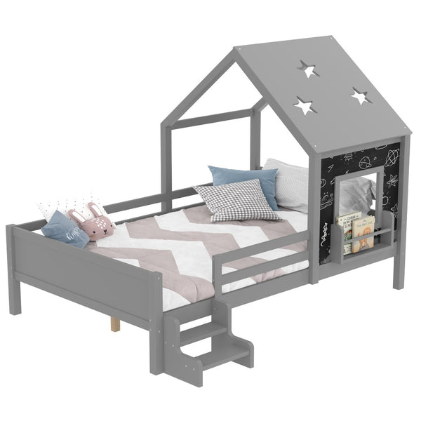English Elm Full Bunk Bed with Trundle Bookshelf Storage Pine Frame Car Design for Kids Gray W1580S00296