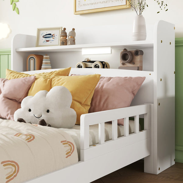 English Elm Twin Pine Wood Bed with Bookcase Headboard LED Motion Sensor Light Guardrails Ample Storage Space White W504P277596