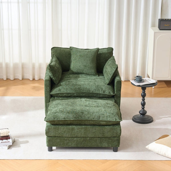 English Elm 39.4" Chenille Club Chair with Ottoman Solid Wood Frame Contemporary Living Room Seat Green W3244P427726