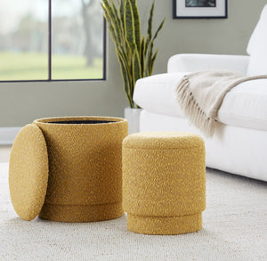 English Elm Ottoman Set Nesting Storage Cubes Upholstered in Rich Fabric for Modern Living Spaces Yellow B202P471504