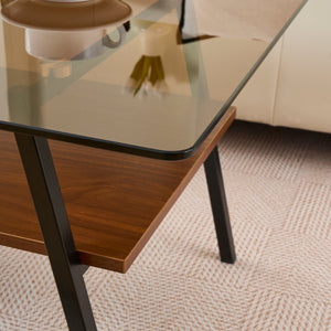 English Elm Rectangle Coffee Table – Modern Brown Tempered Glass With Sturdy Black Metal Legs For Living Rooms W241126036-GIGA