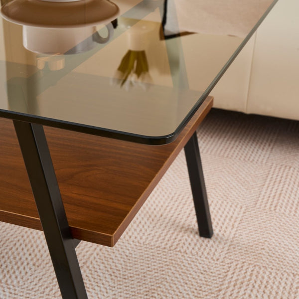 English Elm Rectangle Coffee Table – Modern Brown Tempered Glass With Sturdy Black Metal Legs For Living Rooms W241126036-GIGA