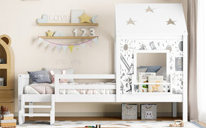 English Elm Full Bunk Bed with Trundle Bookshelf Storage Pine Frame Car Design for Kids Light White W1580S00293