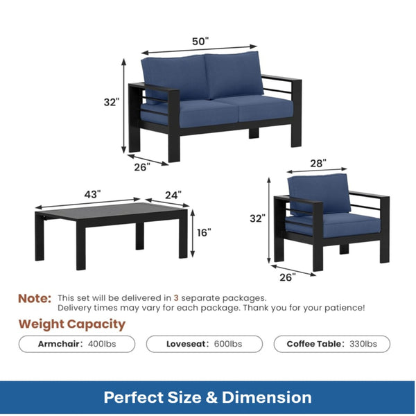 English Elm 4-piece Outdoor Cast Aluminum Conversation Set Resort Style Patio Seating with Wpc Table Blue B082S00093
