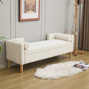 English Elm 65.35"Wide Corduroy Storage Bench with Backrest and Armrests, Solid Wood Frame, 350LB Capacity Ivory W3118P254210