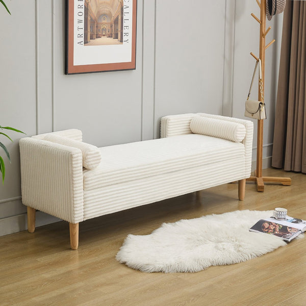 English Elm 65.35"wide Corduroy Storage Bench with Flip Top Bolster Pillows and Padded Backrest Ivory W3118P410499