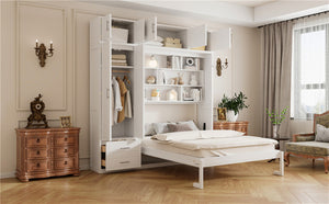 English Elm Queen Murphy Bed with Integrated Desk Cabinet Shelves Space Saving Studio Solution White N708S00022K-3
