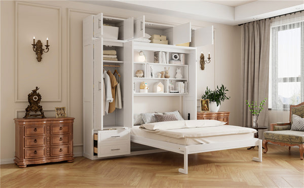 English Elm Queen Murphy Bed with Integrated Desk Cabinet Shelves Space Saving Studio Solution White N708S00022K-2