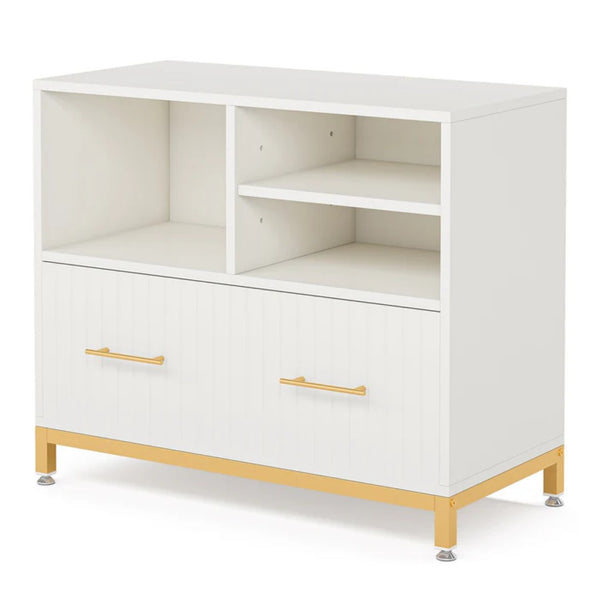 English Elm Practical Gold Frame File Cabinet with Open Shelving and Wood Tone Mdf Panels T3971P449088