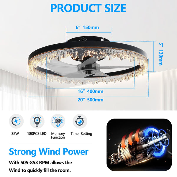 English Elm Smart Luxury Crystal Flush Mount Fan 20" LED Chandelier with 5 Invisible Blades, Remote & App Control, Dimmable Timer W2312P368702