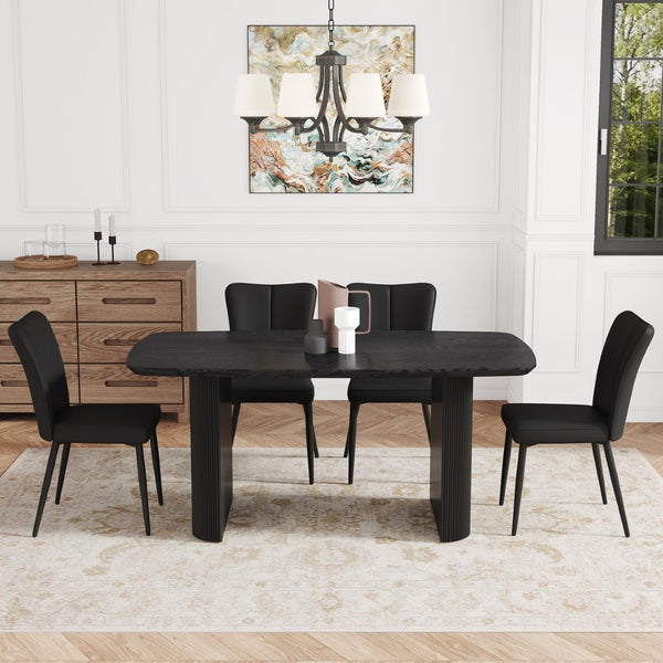 English Elm Table Set: Modern Black Wood Grain Dining Table With 4 Stylish Pu Chairs For Elegant Dining Experience W1151S04180-GIGA