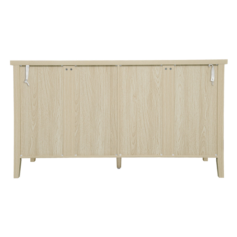 English Elm Hollowed-out Cabinet 4-Door Natural Finish with Carved Panels, Adjustable Shelves, Lockable Support, Solid Wood Feet W688P238047