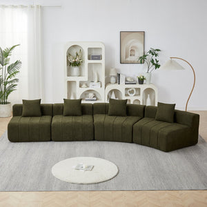 English Elm Chenille Modular Curved Sectional Sofa with Sculptural Piano Key Design and Four Throw Pillows Green W834S00585