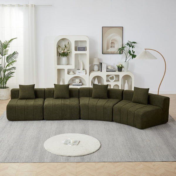 English Elm Chenille Modular Curved Sectional Sofa with Sculptural Piano Key Design and Four Throw Pillows Green W834S00585