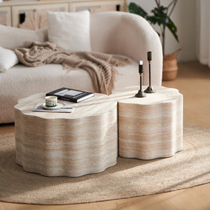 English Elm Set of 2 Round Coffee Tables Beige Brown Faux Mars Pattern MDF, Space-Saving Modern Accent Tables W3040P382320