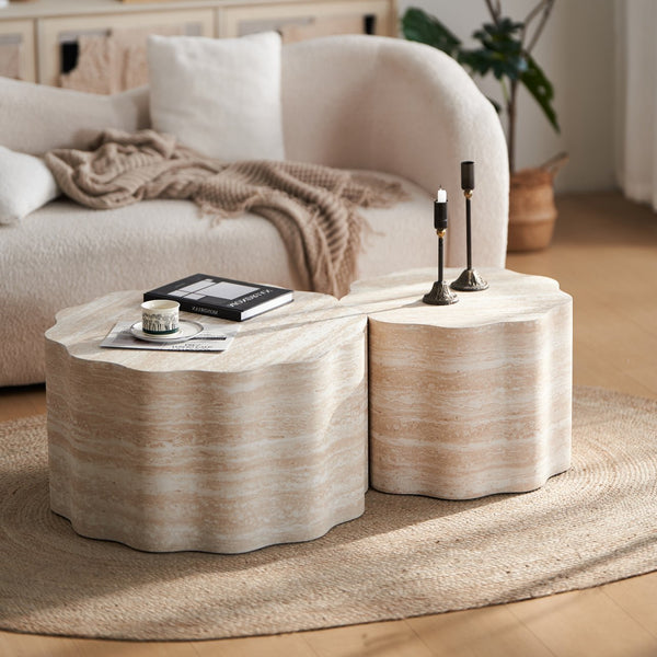 English Elm Set of 2 Round Coffee Tables Beige Brown Faux Mars Pattern MDF, Space-Saving Modern Accent Tables W3040P382320