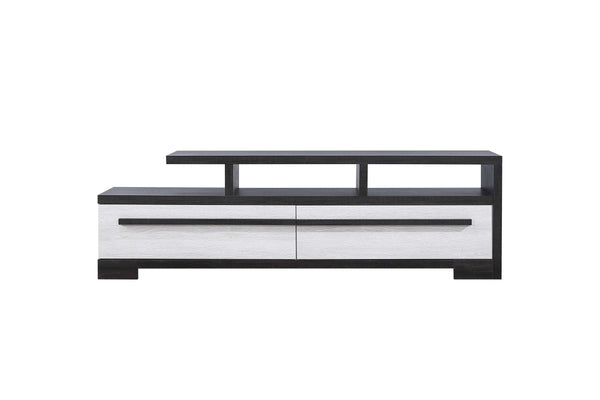 English Elm 1pc Modern Entertainment Console with Industrial Edge, Grey Wood Finish, Open Shelf & Two Drawers Beige,Ebony 19.37 L x 72.79 W x 22.48 H B2741P295141
