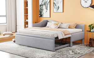 English Elm Twin L-shaped Linen Upholstered Daybed with Hydraulic Pop-up Trundle for Guest Rooms Gray SF000193AAE-1