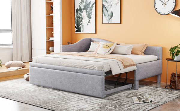 English Elm Twin L-shaped Linen Upholstered Daybed with Hydraulic Pop-up Trundle for Guest Rooms Gray SF000193AAE-1