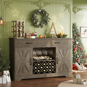 English Elm Coffee Bar Buffet Sideboard with Wine Rack Stemware Holder and Drawers in Oak Gray T3773P417369