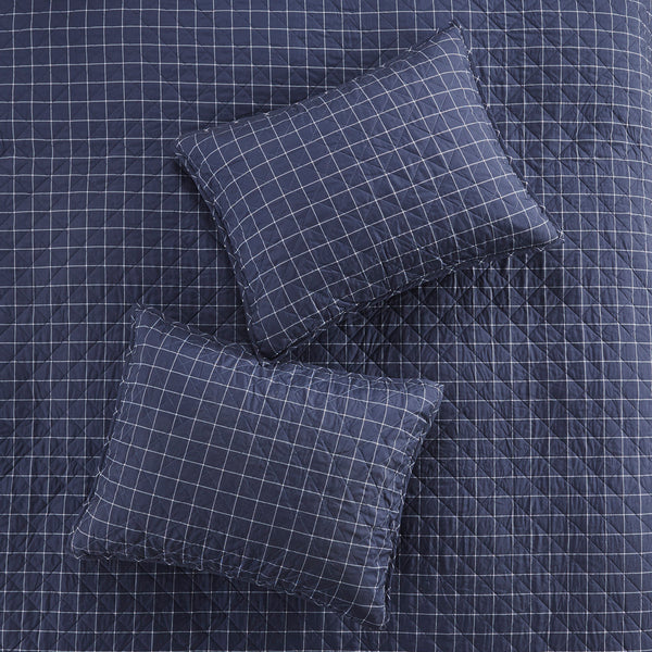 English Elm 3 Piece Timber Reversible Quilt Set King/Cal King - Rustic Green Navy Patchwork, Windowpane Reverse, Cotton-Rich Comfort B03597592