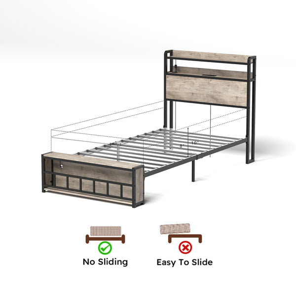 English Elm Twin Bed Frames with Storage Headboard, Built-In USB/Type-C Charging, LED Light, Space-Saving Design Black+ Gray W2129P314786