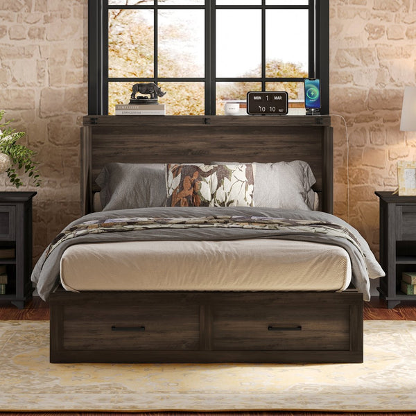 English Elm Full Farmhouse Murphy Cabinet Bed with Charging Station and Large Drawers, Space-Saving Guest Solution Gray 52.25 L x 26.25 W x 5.25 H N733S237853G