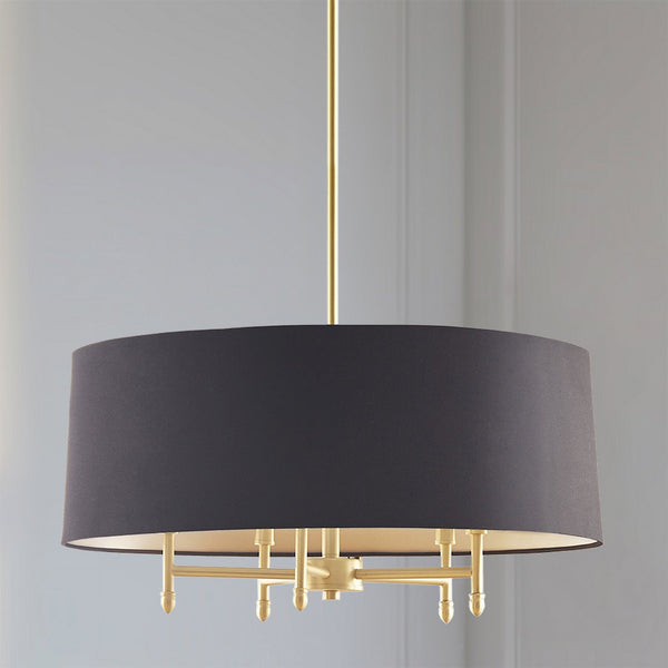 JLA Home Hampton Hill - Presidio Five-Light Dimmable Chandelier with Tapered Fabric Drum Shade and Warm Brass Frame, Adjustable Height Gold/Black FB150-1153