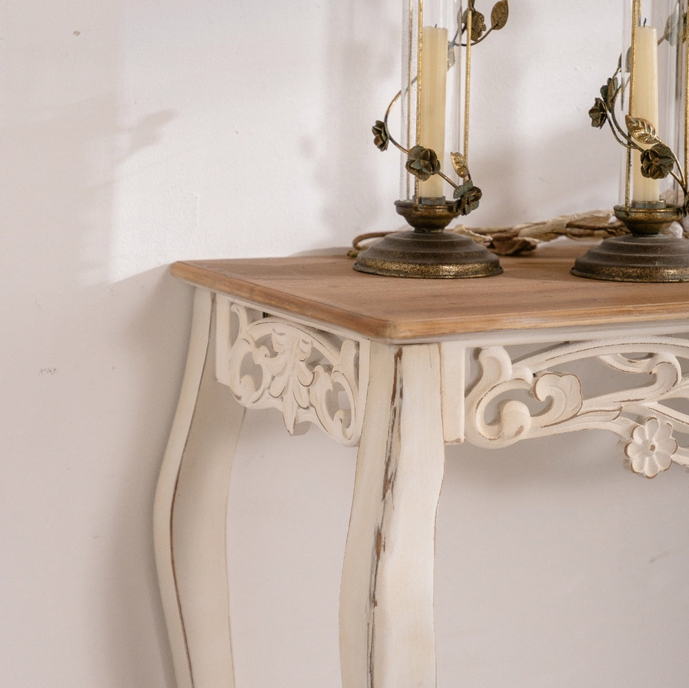 English Elm Antique White Console Table with Floral Carvings, Distressed Vintage French Country Entry Table W3158P345752