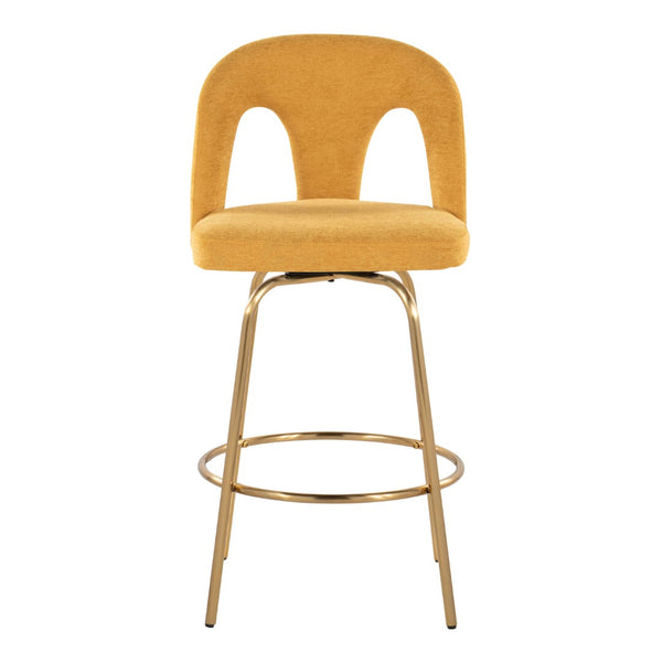 English Elm Fixed-height Swivel Counterstools with White Upholstery Gold Footrest Set of 2 Yellow B202S01783