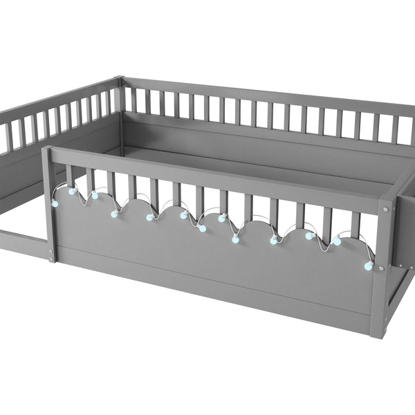 English Elm Full Montessori floor bed offering high rails, built-in light and shelf for safe independent sleep and storage Grey 79.13 L x 13 W x 6.3 H W2593P333796