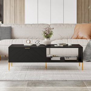 English Elm Mid-century Modern Coffee Table with Dual Drawers Tapered Legs and Open Storage Shelf Black T3609P482850