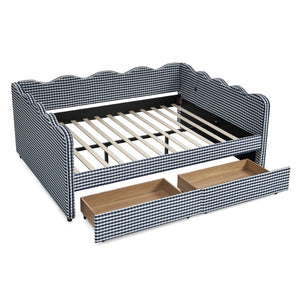English Elm Queen Gingham Linen Daybed with Wave Backrest Two Storage Drawers and Usb Port Navy Blue W1413S00152